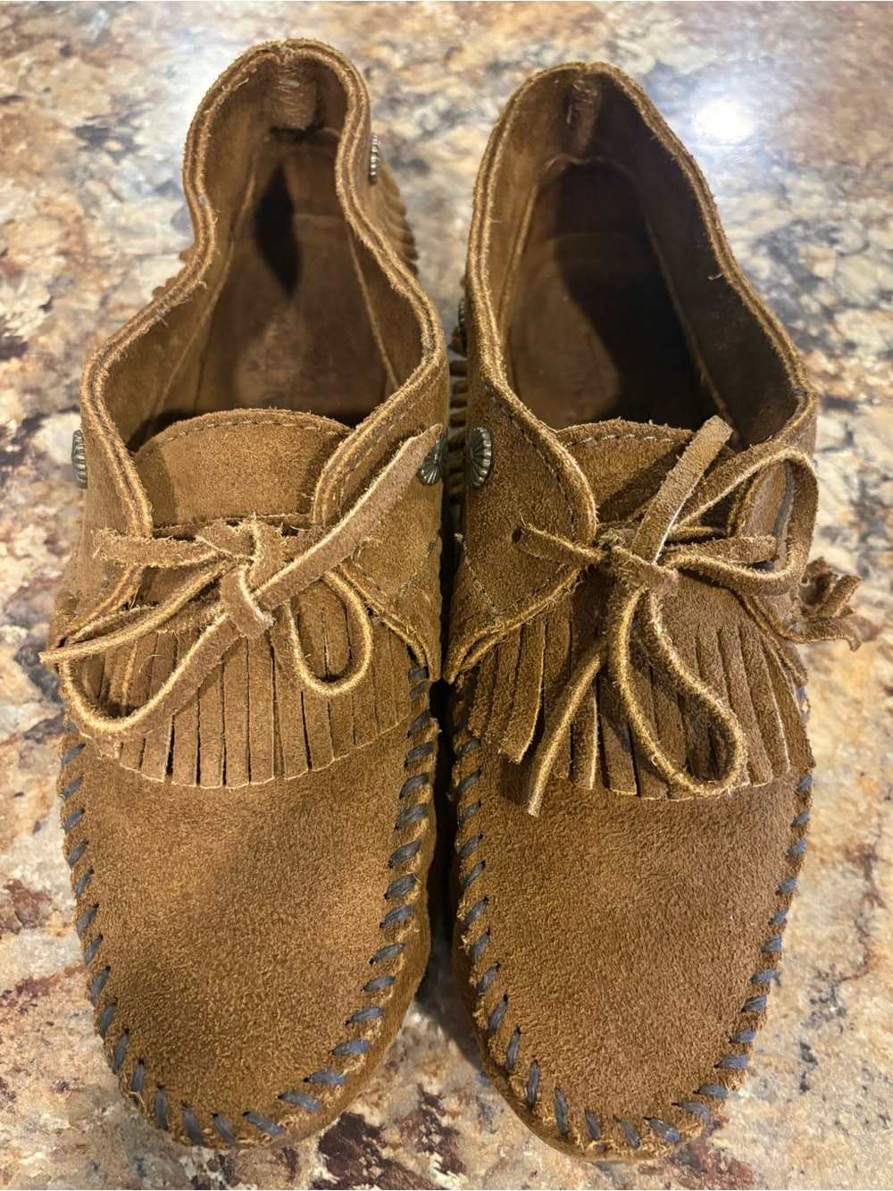 Minnetonka Chestnut Suede Fringe Moccasins with Lace Tie